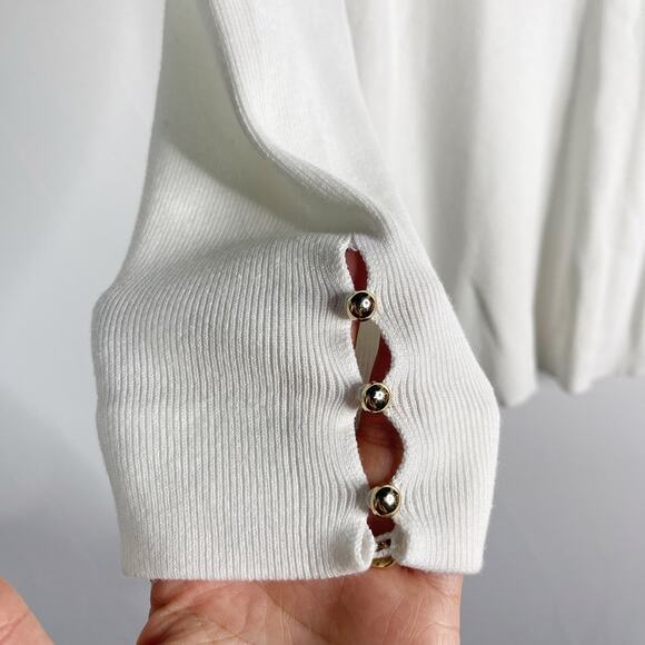 J McLaughlin Medium M White Ribbed Crew Neck Button Cuff Sweater Cotton Modal - Picture 4 of 8